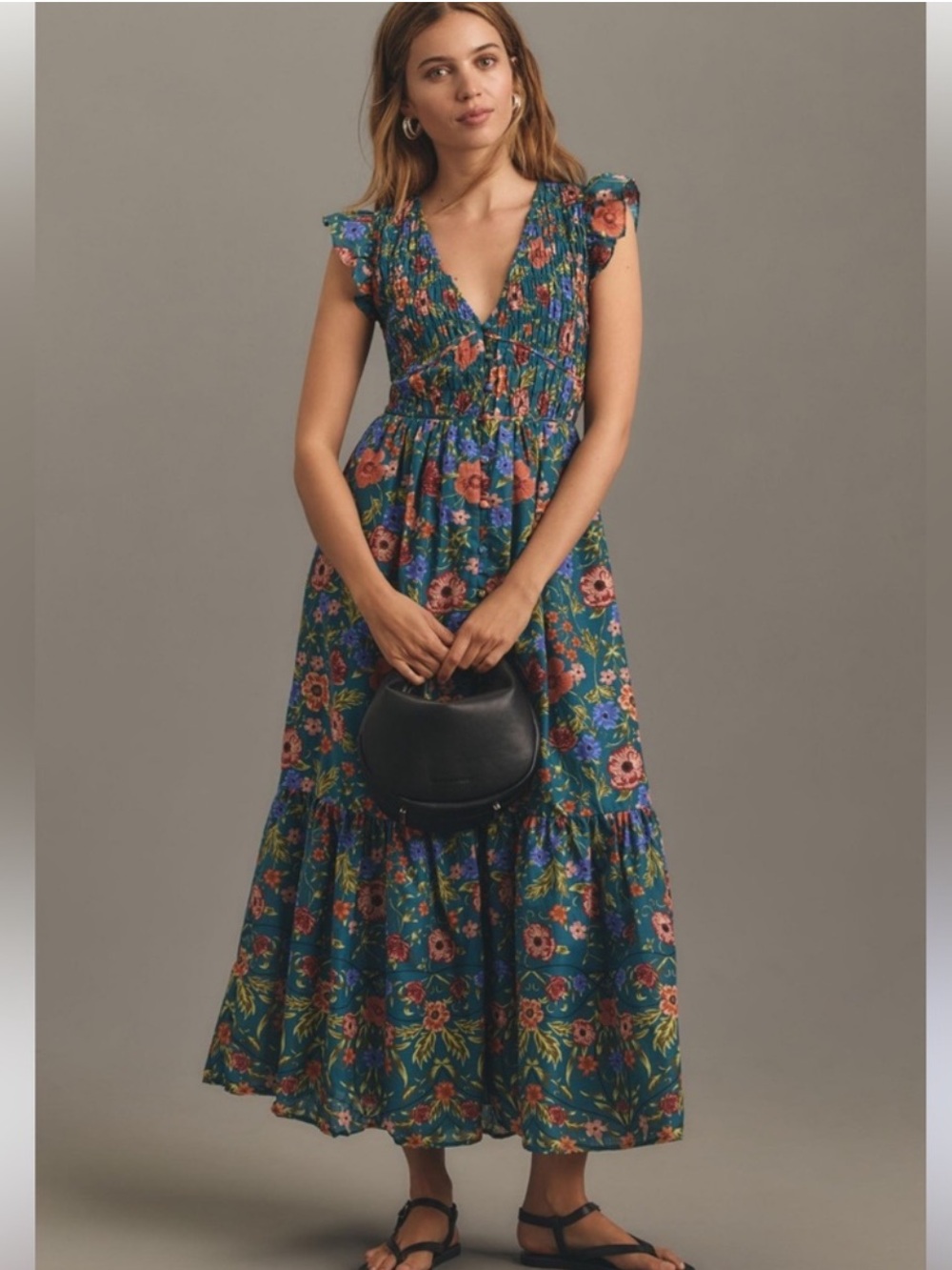 Anthropologie Teal Floral Midi Dress with Pink & Orange Accents